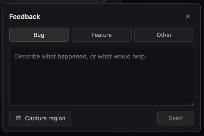 Feedback panel with Bug, Feature, Other, text box, capture region, and send button
