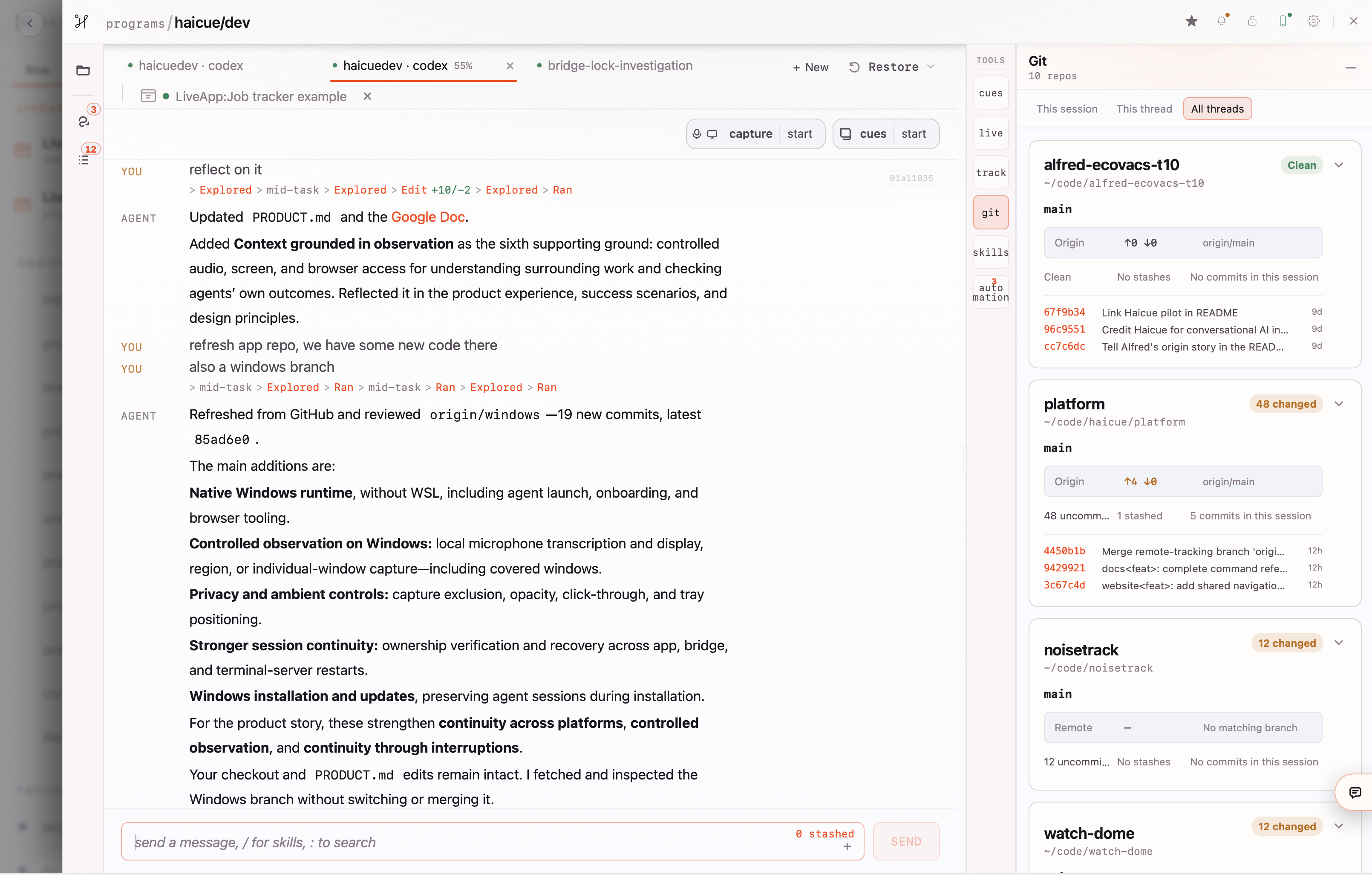 Haicue session with the Git add-on open alongside it, showing repositories, branch status, changed-file counts, and recent commits.